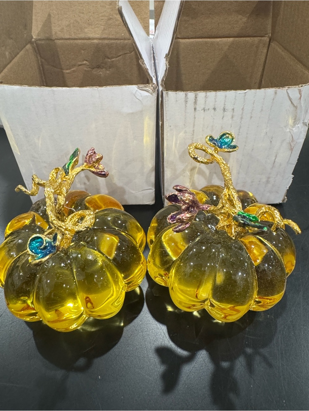 Decorative Yellow Glass Pumpkin Pair with Gold Stem Accents - Picture 2 of 4